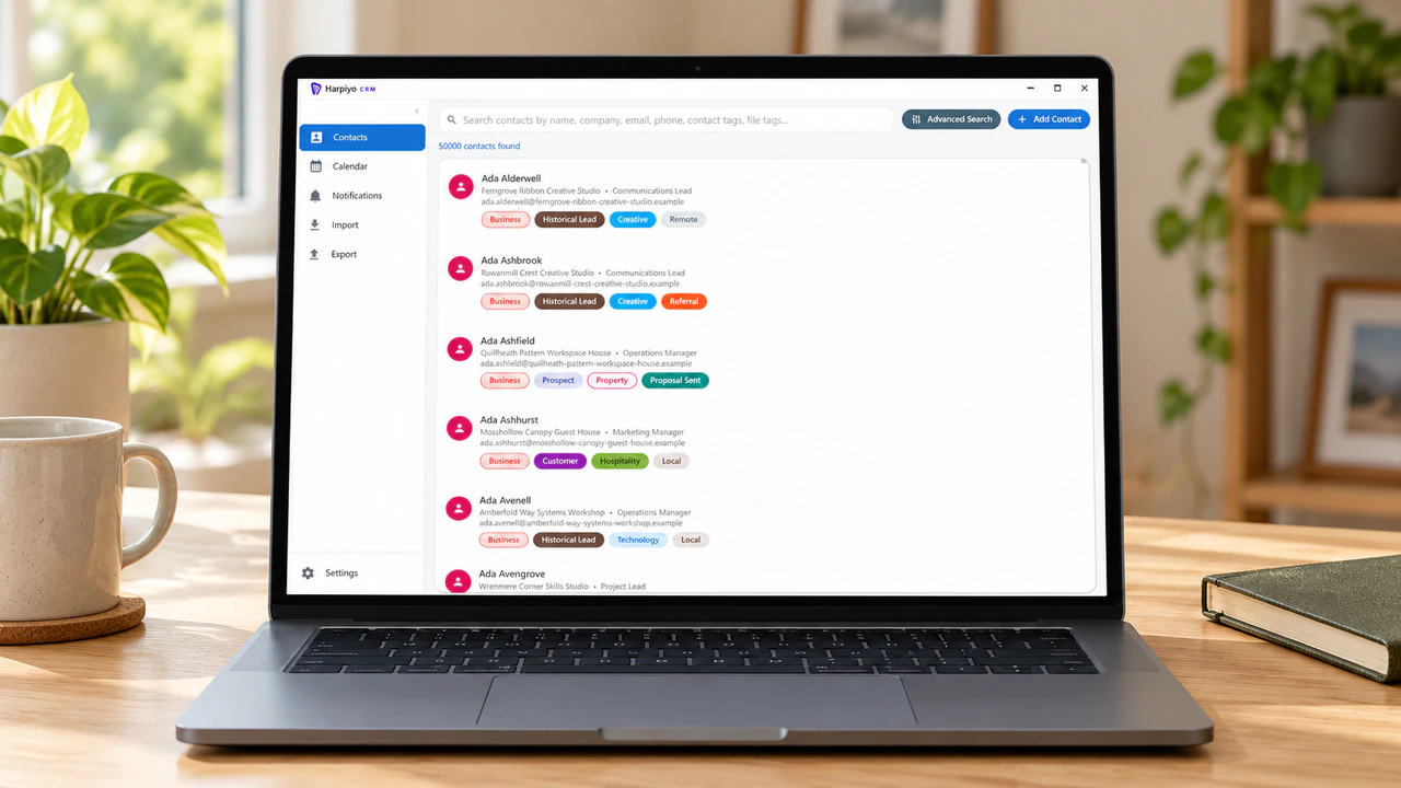 Harpiyo CRM contact list and tags with fictional demonstration data